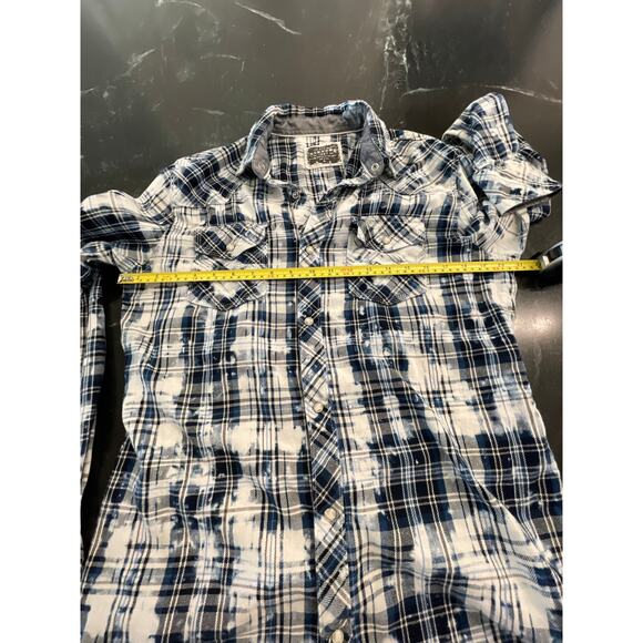 Buckle Pearl Snap navy plaid and bleach distressed Western Shirt LG 100% Cotton - Picture 7 of 9